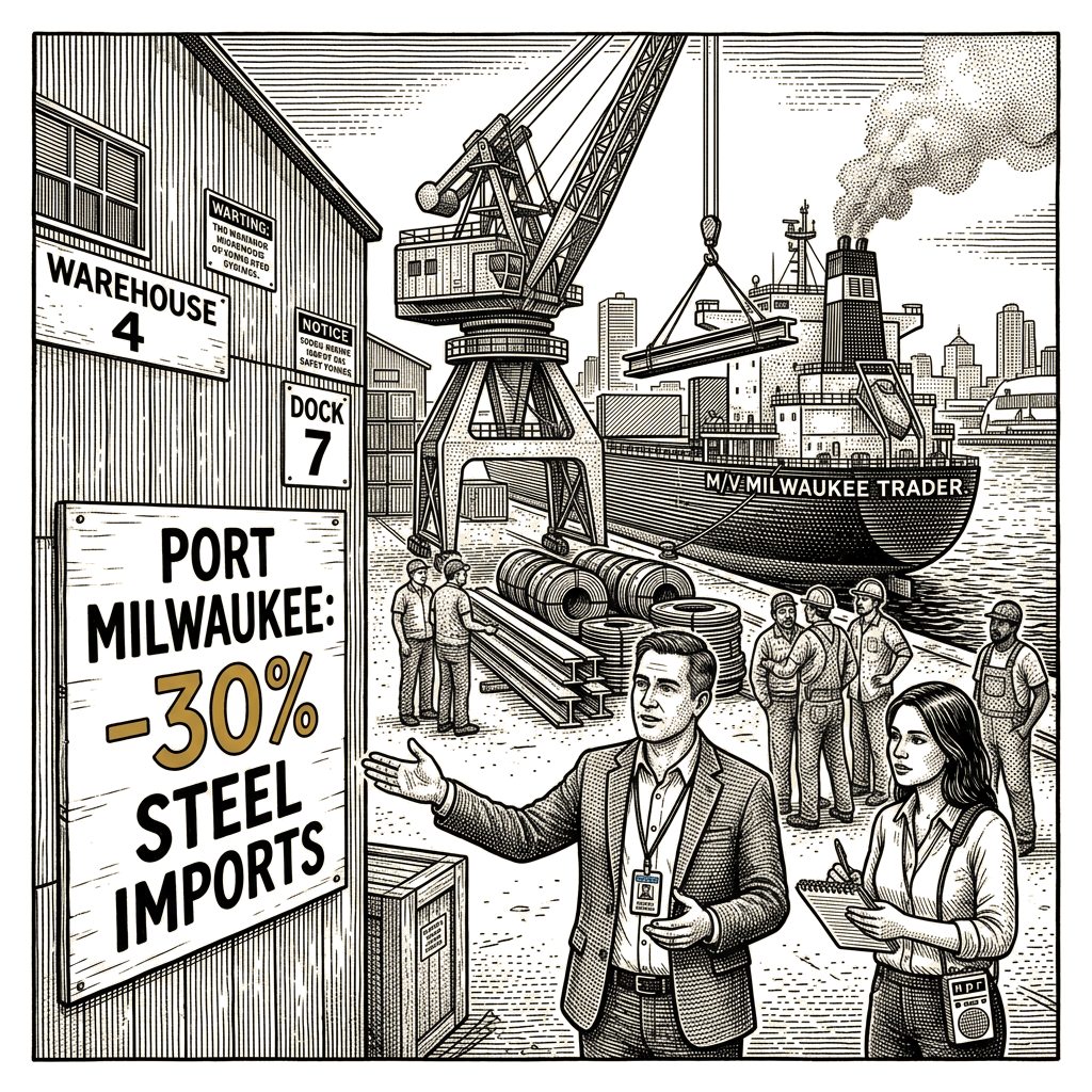 Illustration accompanying article: Tariff shifts cut steel imports and unsettle investment at Port Milwaukee