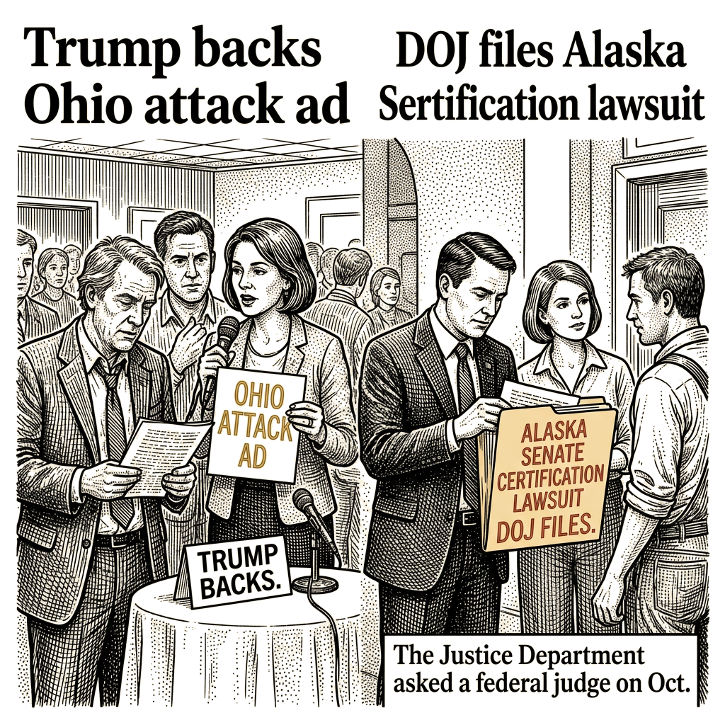 Illustration accompanying article: Trump backs Ohio attack ad; DOJ files Alaska Senate certification lawsuit
