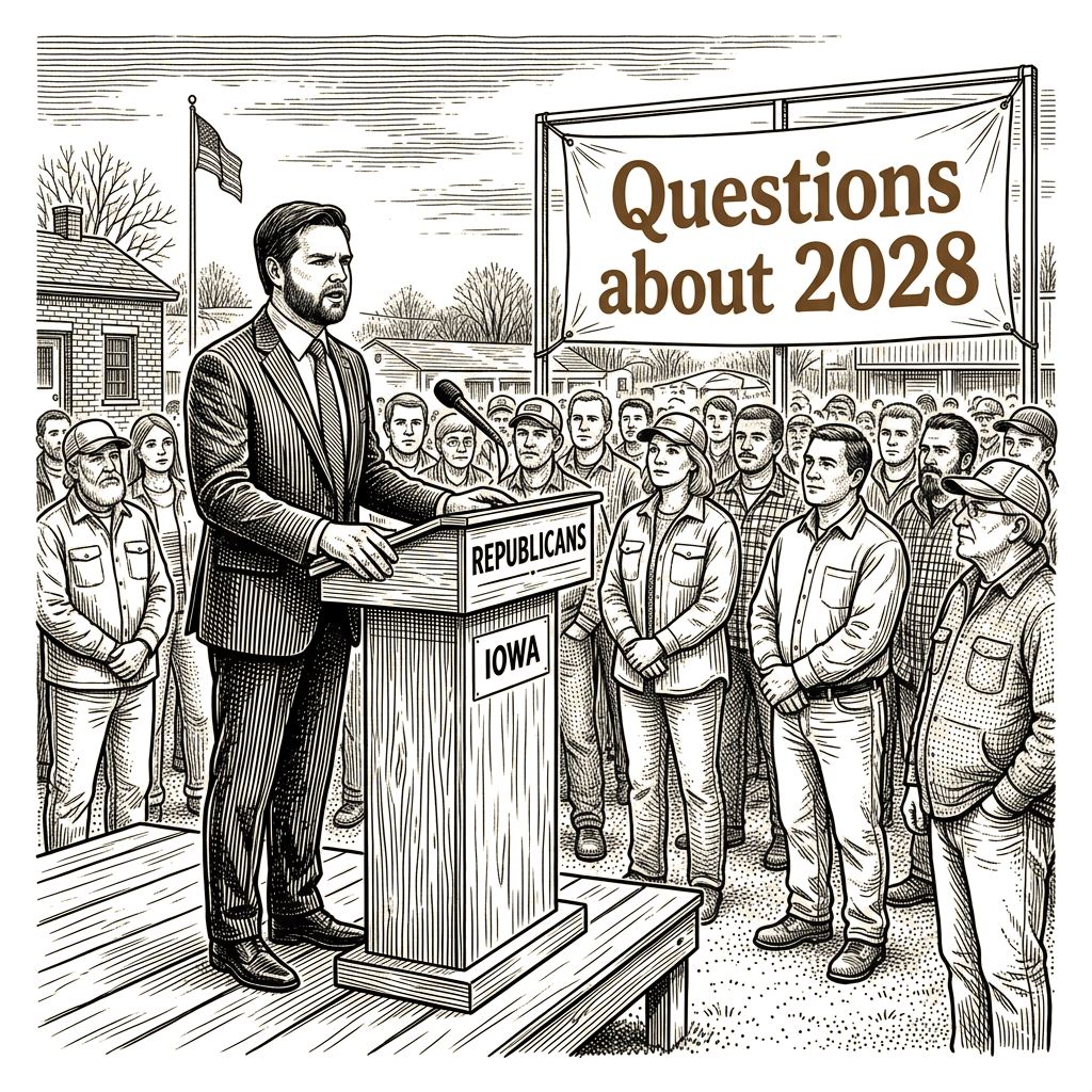 Illustration accompanying article: Vance stumps for Republicans as questions grow about a 2028 White House bid