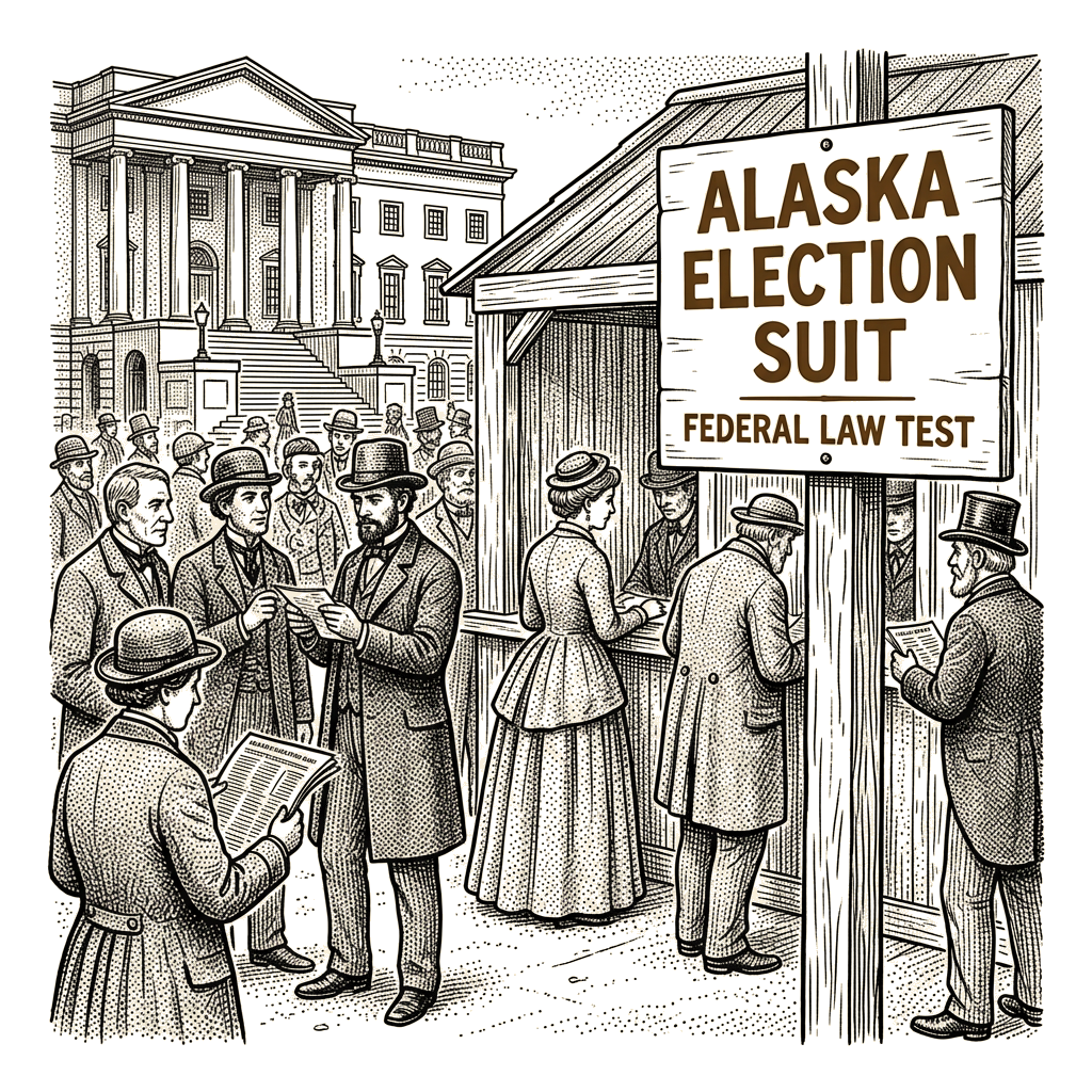Illustration accompanying article: Blanche frames Alaska election suit as federal-law test