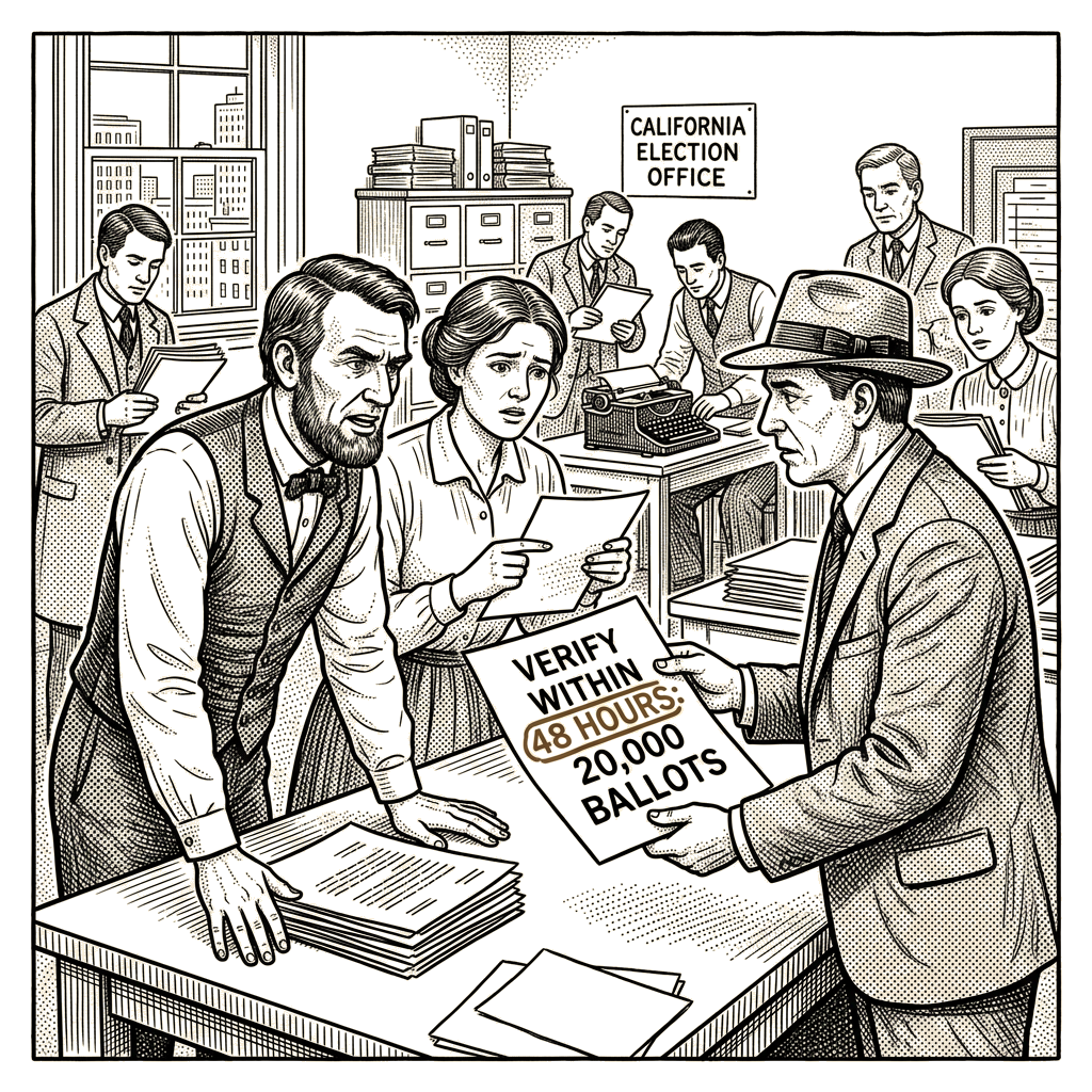 Illustration accompanying article: California leaders challenge federal review of suspected noncitizen ballots