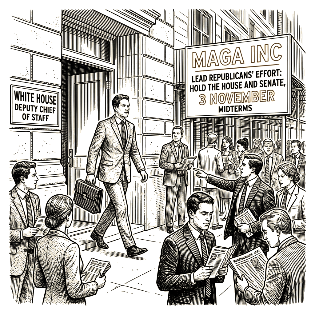 Illustration accompanying article: James Blair leads Republicans' midterm push during White House leave