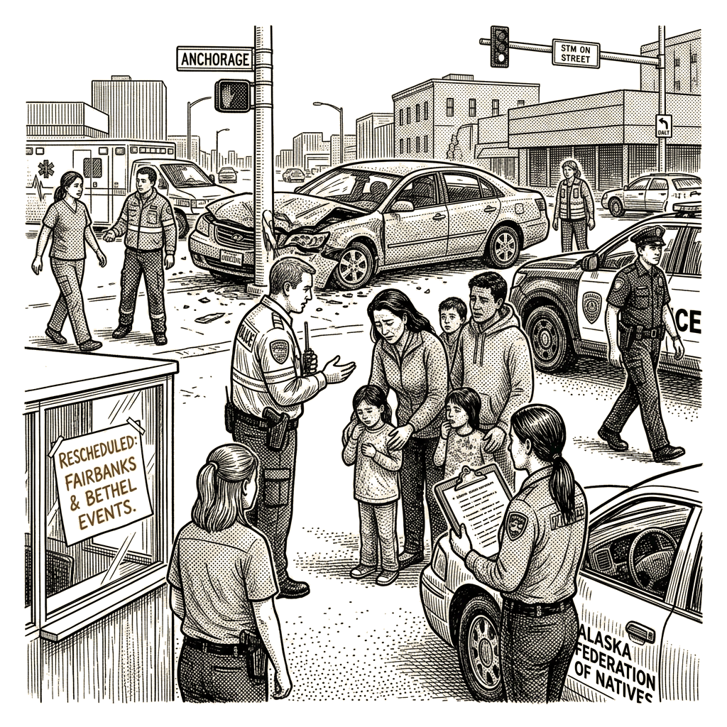 Illustration accompanying article: Mary Peltola to reschedule Fairbanks and Bethel events after car crash