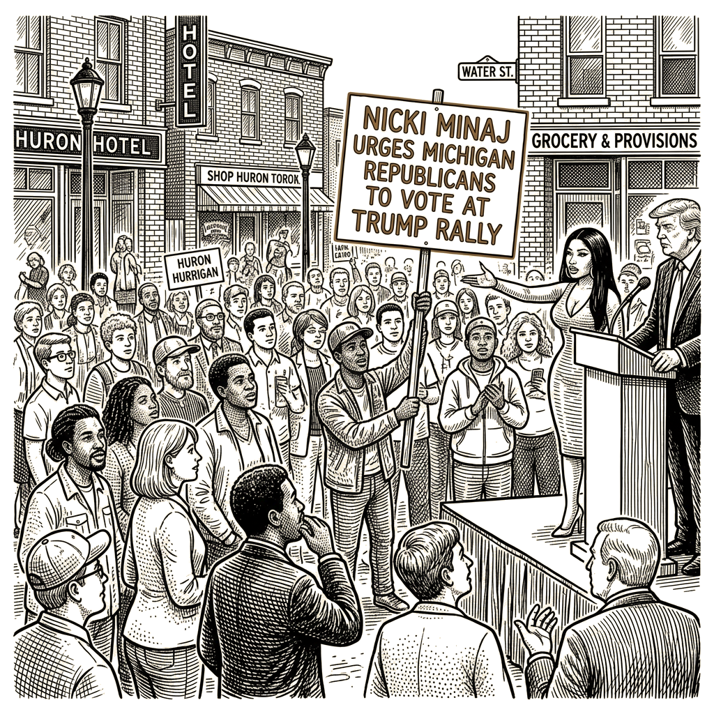 Illustration accompanying article: Minaj urges Michigan Republicans to vote at Trump rally