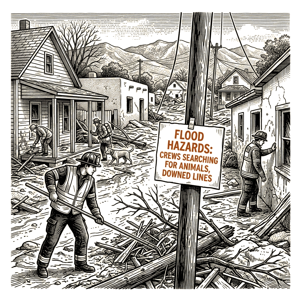 Illustration accompanying article: New Mexico crews search evacuated neighborhoods for flood hazards