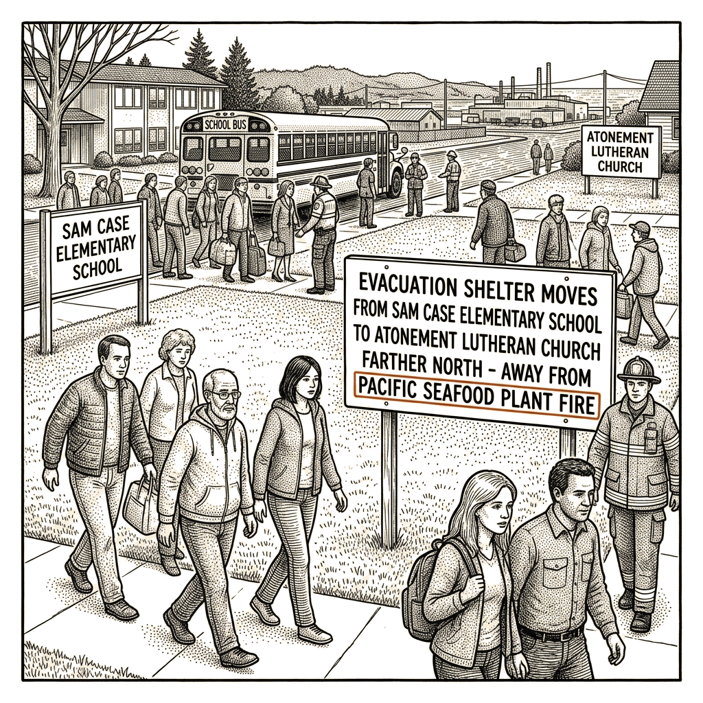 Illustration accompanying article: Newport moves evacuation shelter away from seafood plant after fire