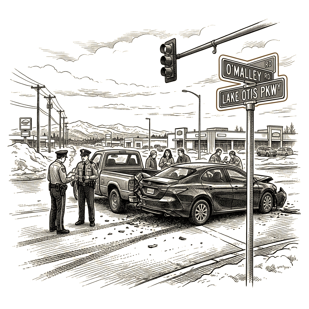 Illustration accompanying article: Police describe rear-end collision that injured Peltola's family in Anchorage