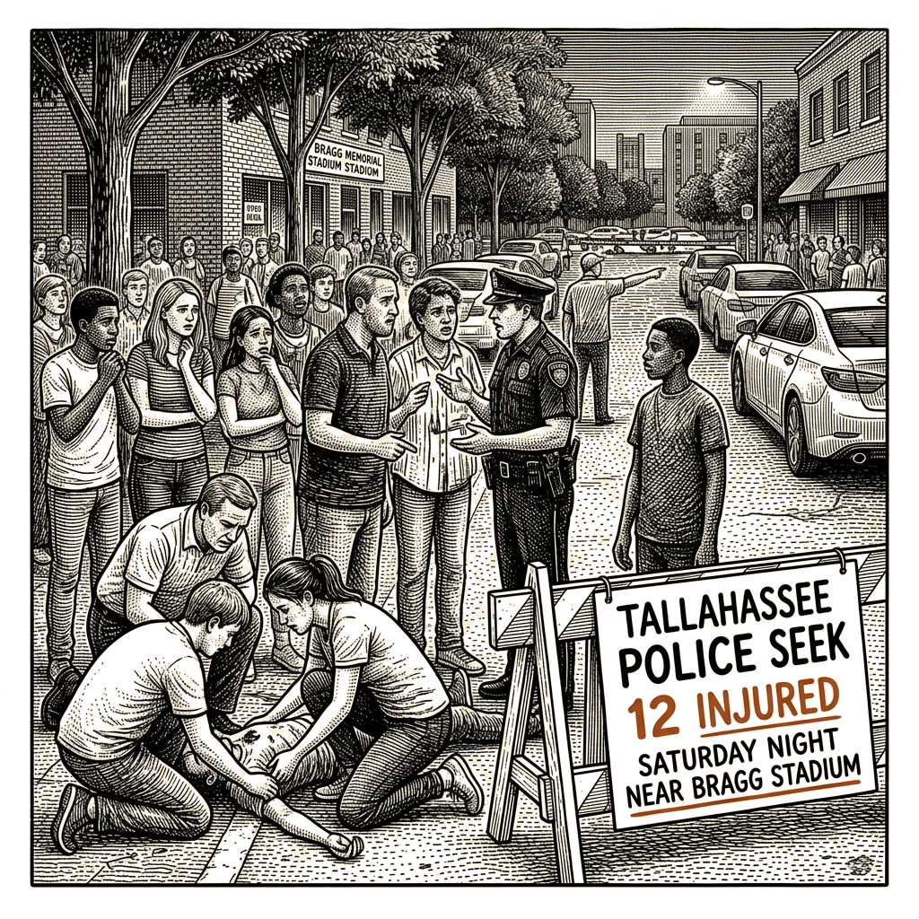 Illustration accompanying article: Shooting near Bragg Memorial Stadium injures 12 as police seek tips