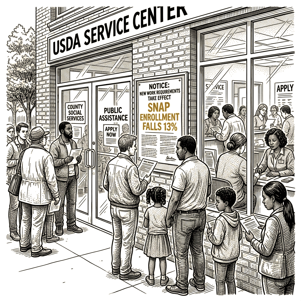 Illustration accompanying article: SNAP enrollment drops 13% after Trump administration work requirements