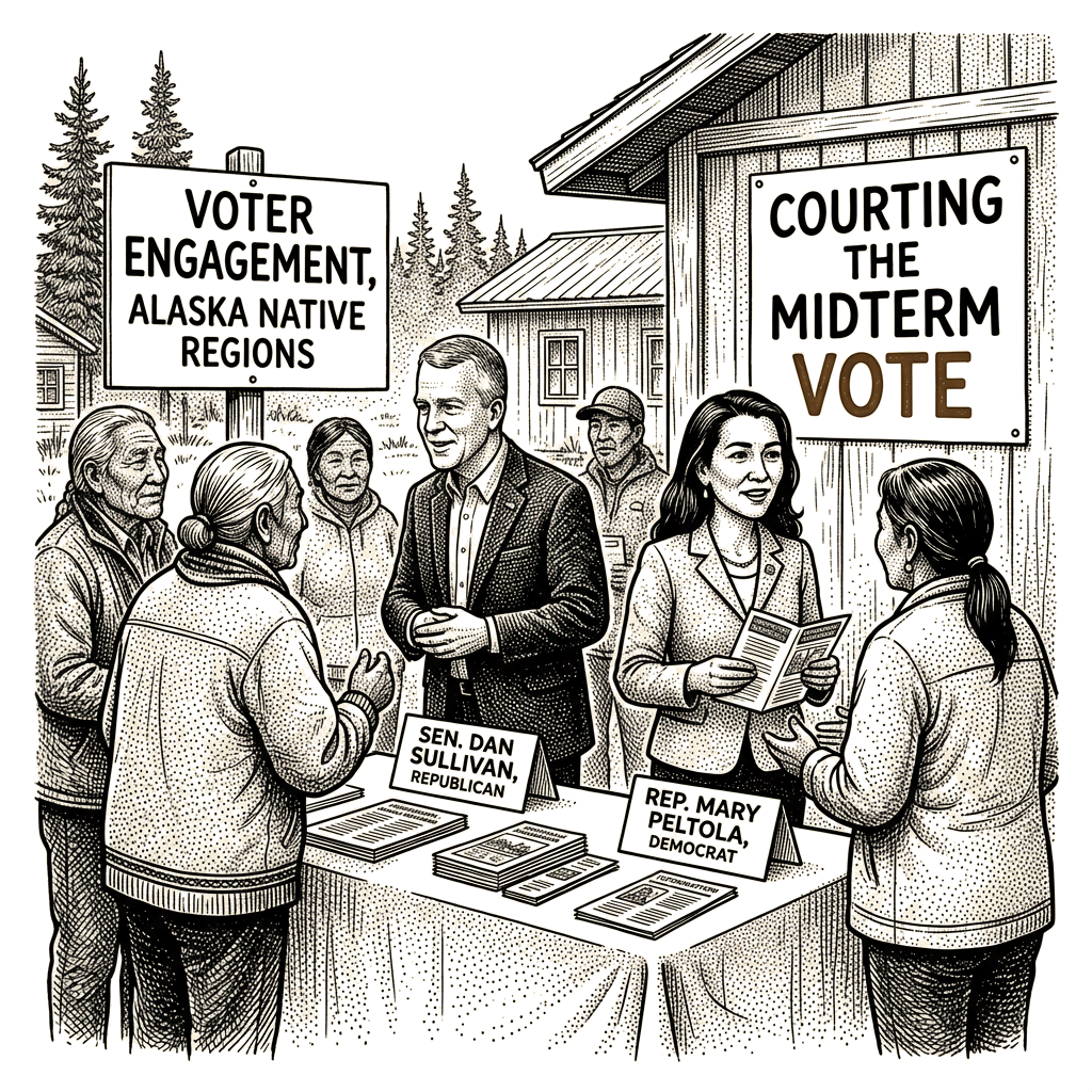 Illustration accompanying article: Sullivan and Peltola court Alaska Native voters before midterms
