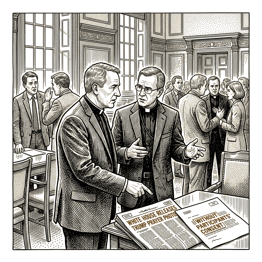Illustration accompanying article: Two Catholic bishops fault White House over Trump prayer photos