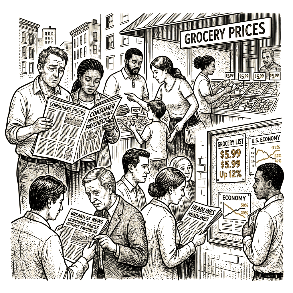 Illustration accompanying article: Consumer prices outpace paychecks as the midterms approach