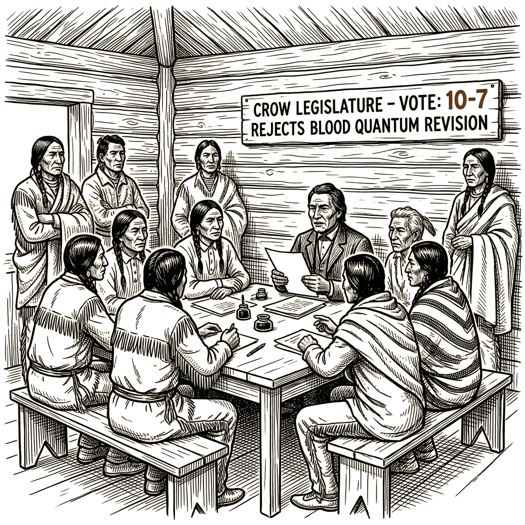 Illustration accompanying article: Crow Tribe lawmakers reject blood quantum revision in 10-7 vote
