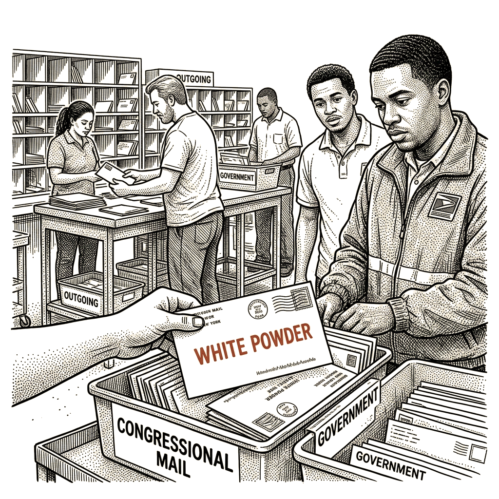 Illustration accompanying article: Federal complaint accuses Illinois man of mailing white powder to Congress
