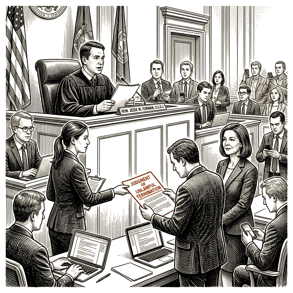 Illustration accompanying article: Federal judge rules Maurene Comey's firing unlawful