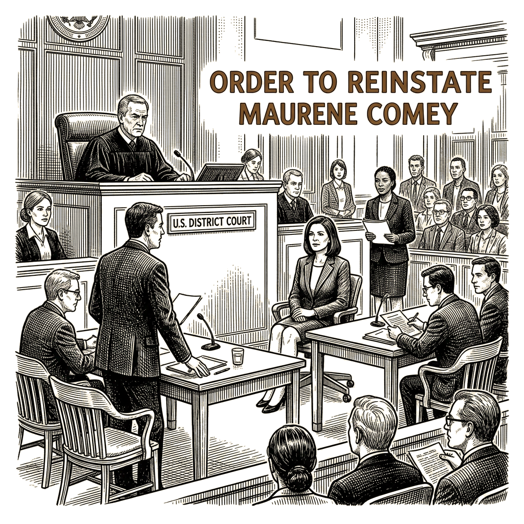 Illustration accompanying article: Judge orders Justice Department to reinstate Maurene Comey