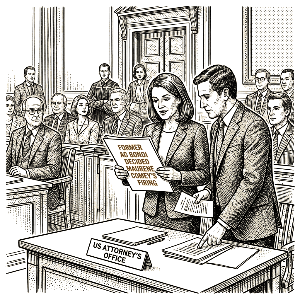 Illustration accompanying article: Justice Department says Pam Bondi decided Maurene Comey's firing