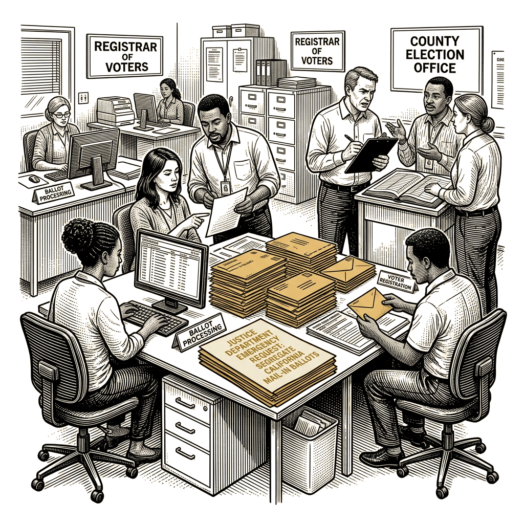 Illustration accompanying article: Monthslong California voter-roll dispute precedes DOJ emergency request