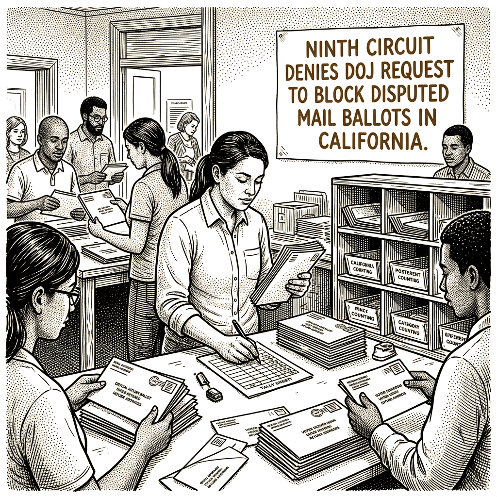 Illustration accompanying article: Ninth Circuit denies DOJ request to block disputed mail ballots in California