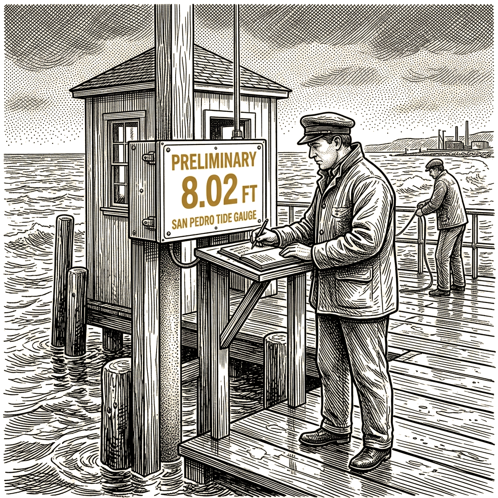 Illustration accompanying article: San Pedro gauge records preliminary 8.02-foot reading amid coastal flooding risk