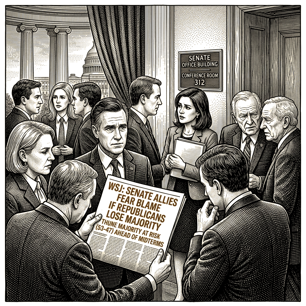 Illustration accompanying article: Some Thune allies fear blame if Republicans lose their 53-47 Senate majority