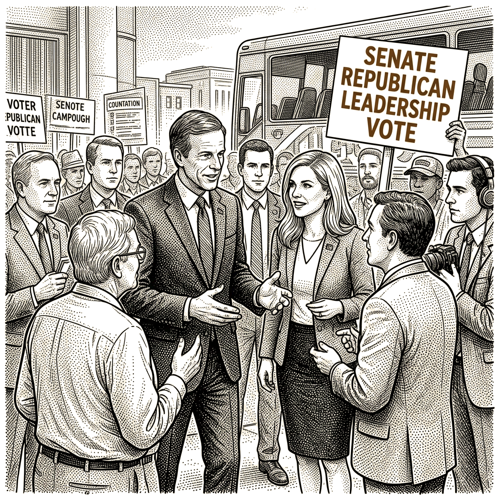 Illustration accompanying article: Thune campaigns with Hinson ahead of Senate Republican leadership vote