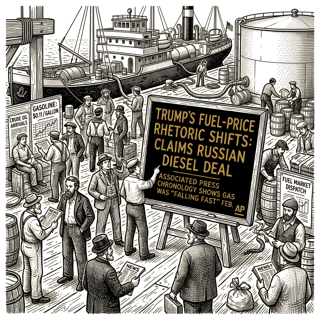 Illustration accompanying article: Trump’s fuel-price rhetoric shifted to a claimed Russian diesel deal