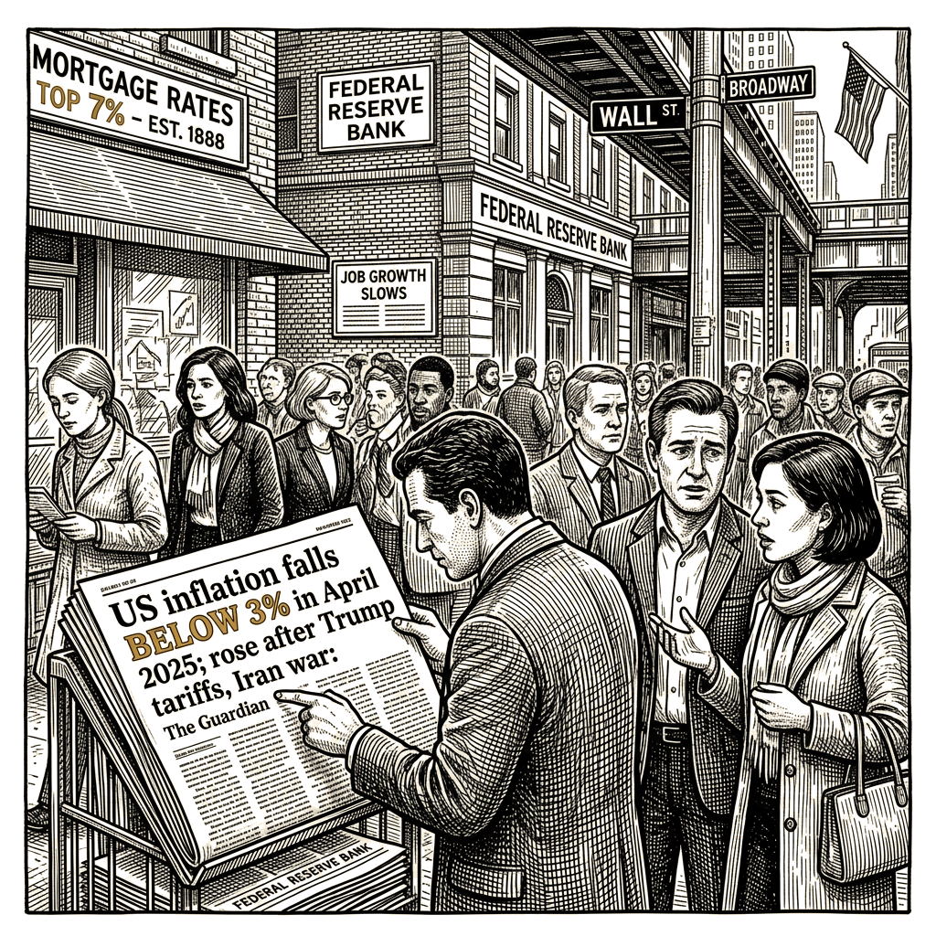 Illustration accompanying article: US inflation fluctuates as job growth slows and mortgage rates top 7%