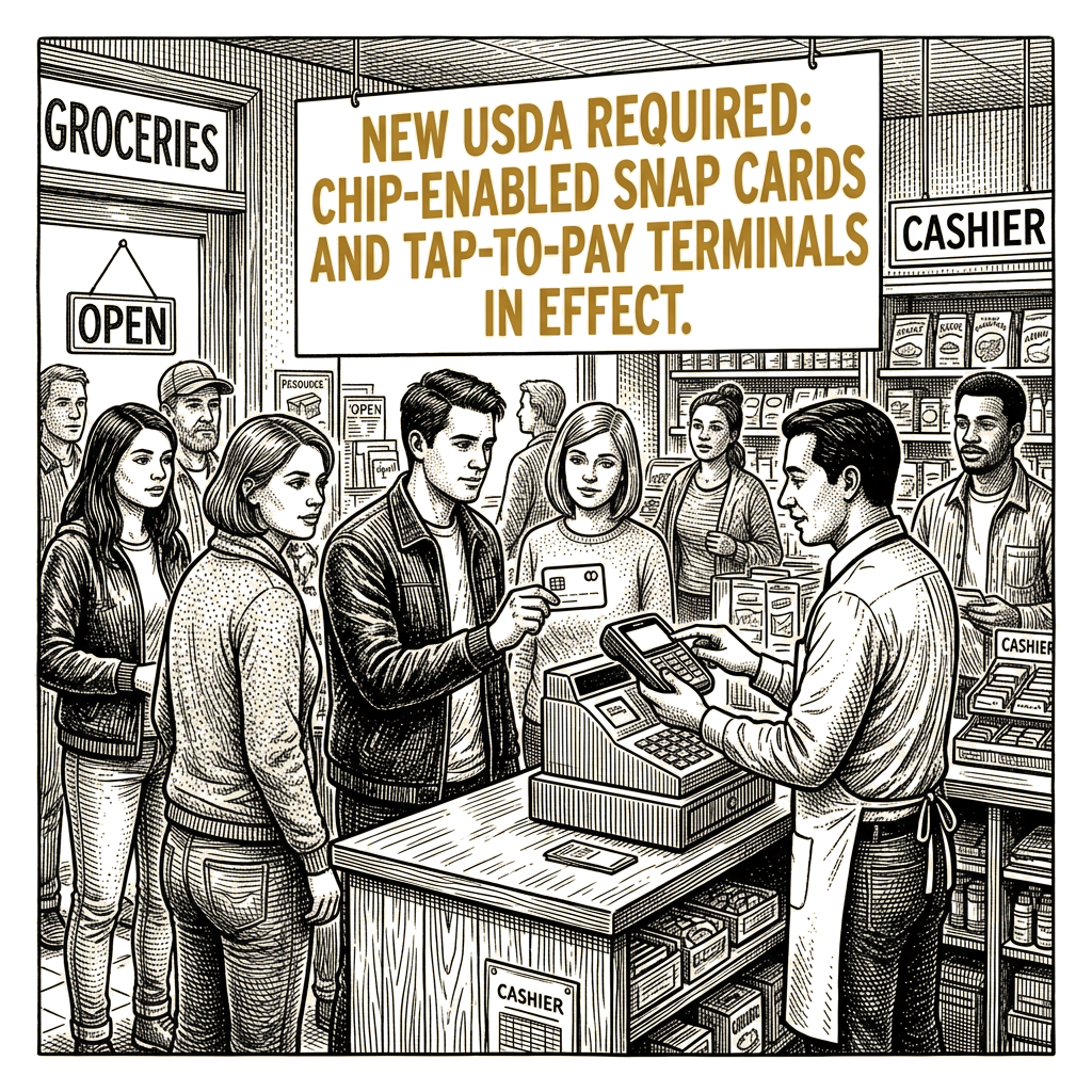 Illustration accompanying article: USDA proposes requiring chip-enabled SNAP cards and tap-to-pay terminals
