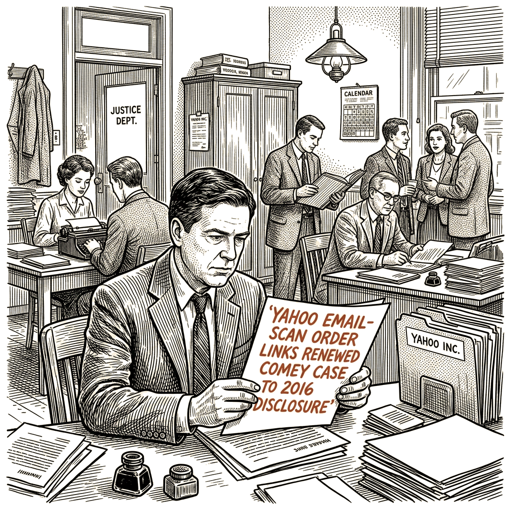 Illustration accompanying article: Yahoo email-scan order links renewed Comey case to 2016 disclosure