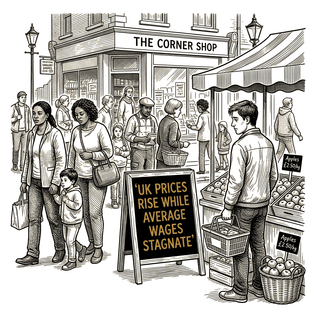 Illustration accompanying article: Zoe Williams argues UK prices rise while average wages stagnate