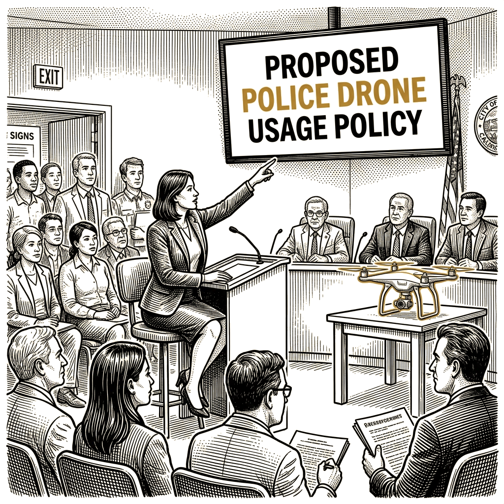 Illustration accompanying article: California cities debate police drone rules amid privacy disputes