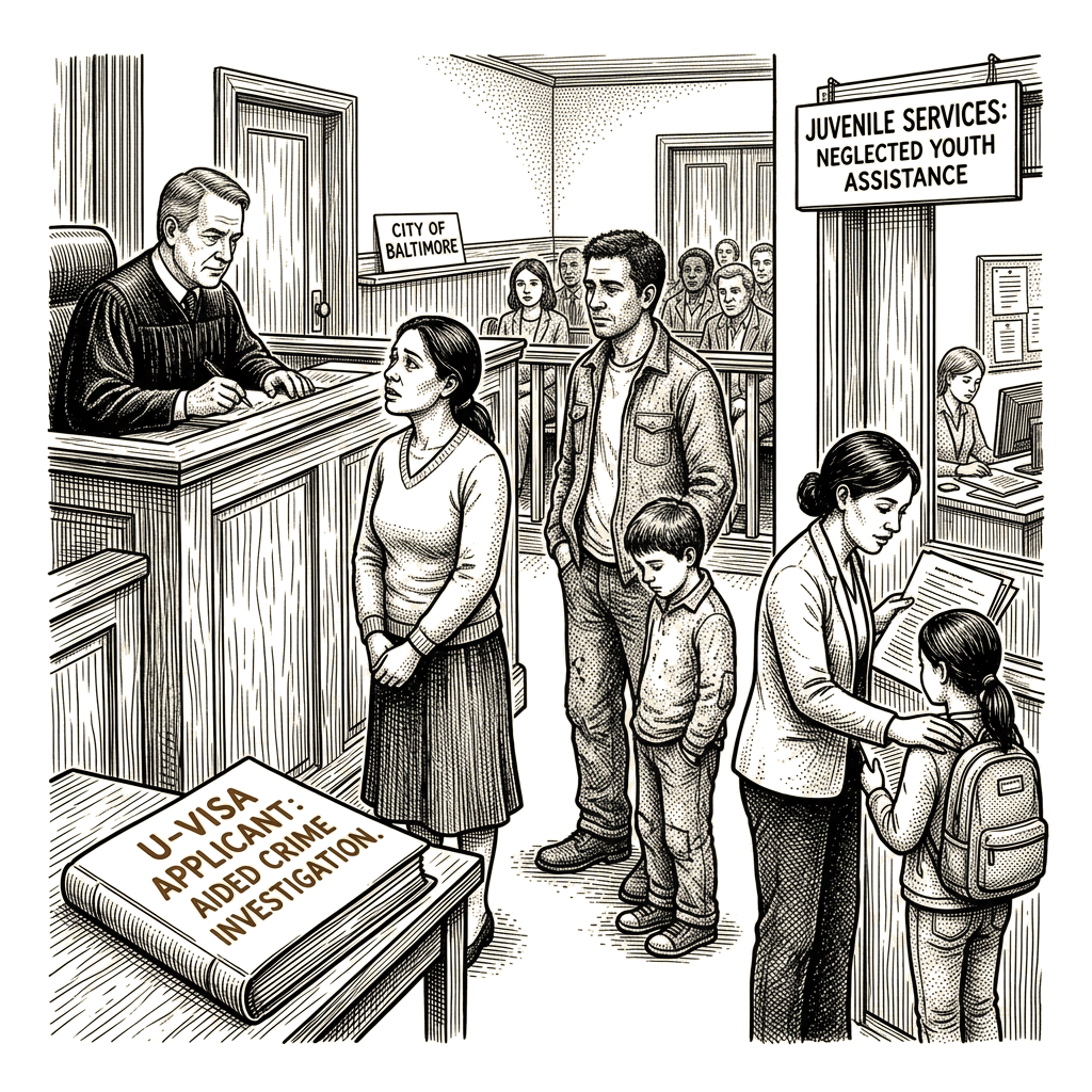 Illustration accompanying article: Cities say immigration rule aided crime victims and neglected juveniles