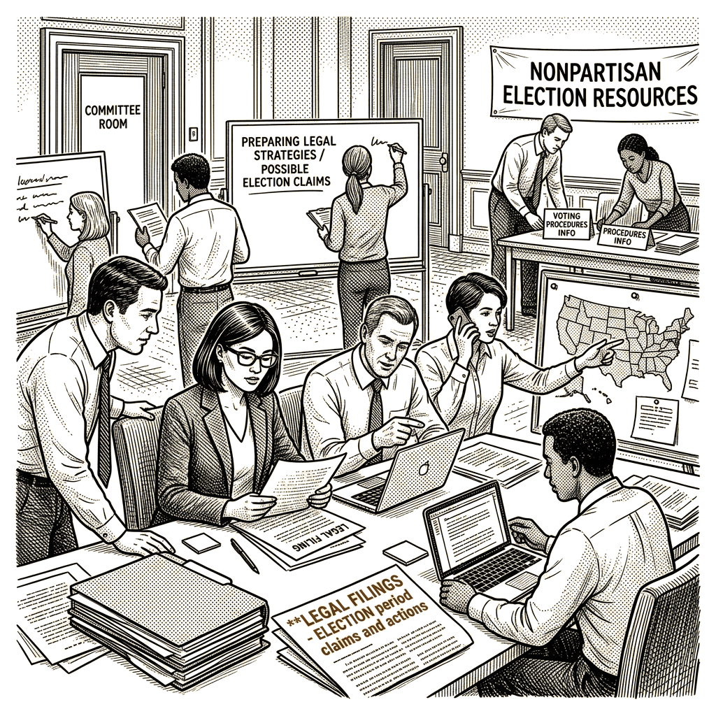 Illustration accompanying article: Congressional Democrats prepare legal filings before midterm voting