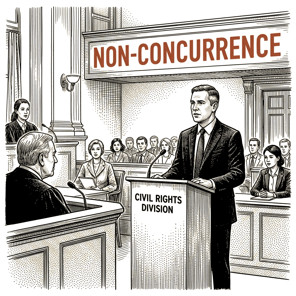 Illustration accompanying article: DOJ attorney tells judge of 'non-concurrence' in Hutchinson case
