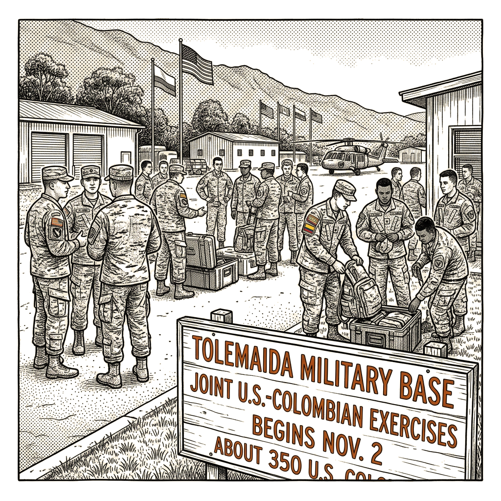Illustration accompanying article: Joint U.S.-Colombian exercises begin Nov. 2 at Tolemaida Military Base