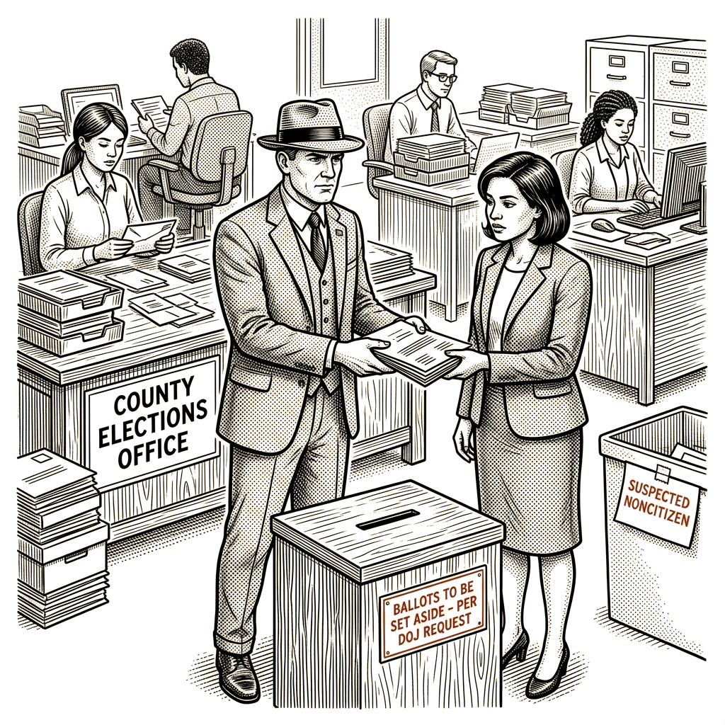Illustration accompanying article: Justice Department asks Washington to set aside ballots from suspected noncitizens