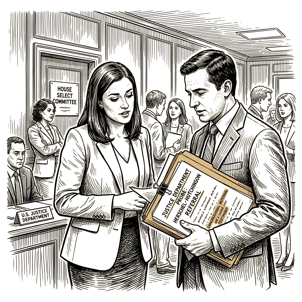 Illustration accompanying article: Justice Department probe of Cassidy Hutchinson follows congressional referral