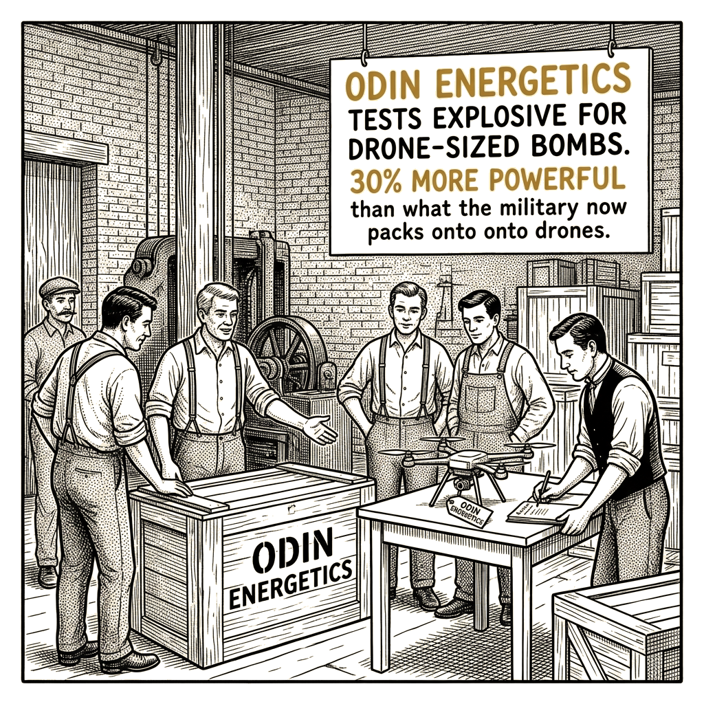 Illustration accompanying article: Odin Energetics tests drone-bomb formulation it says is 30% more powerful