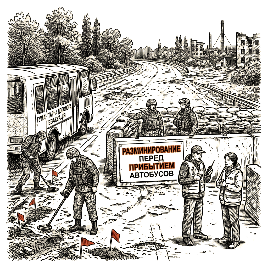 Illustration accompanying article: Oleshky aid plan requires Russian mine clearance before evacuation buses arrive