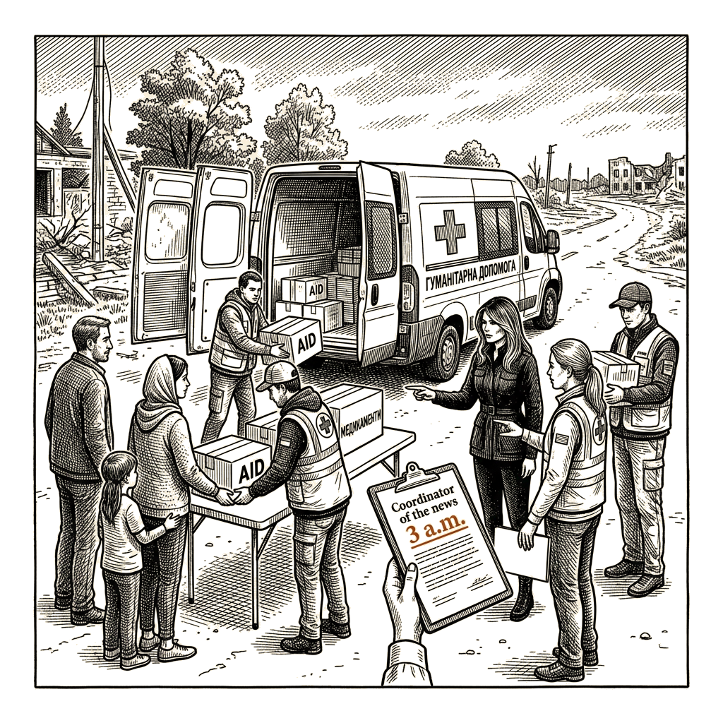 Illustration accompanying article: Oleshky ceasefire starts ahead of aid mission brokered by Melania Trump