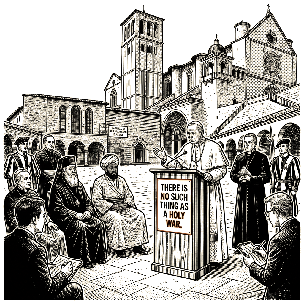 Illustration accompanying article: Pope Leo XIV rejects religious justifications for war at Assisi gathering