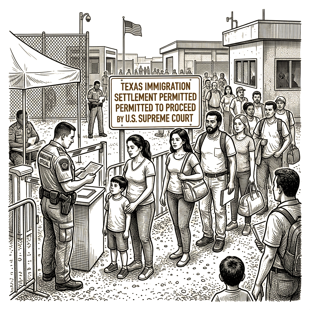 Illustration accompanying article: Supreme Court permits Texas immigration settlement to proceed