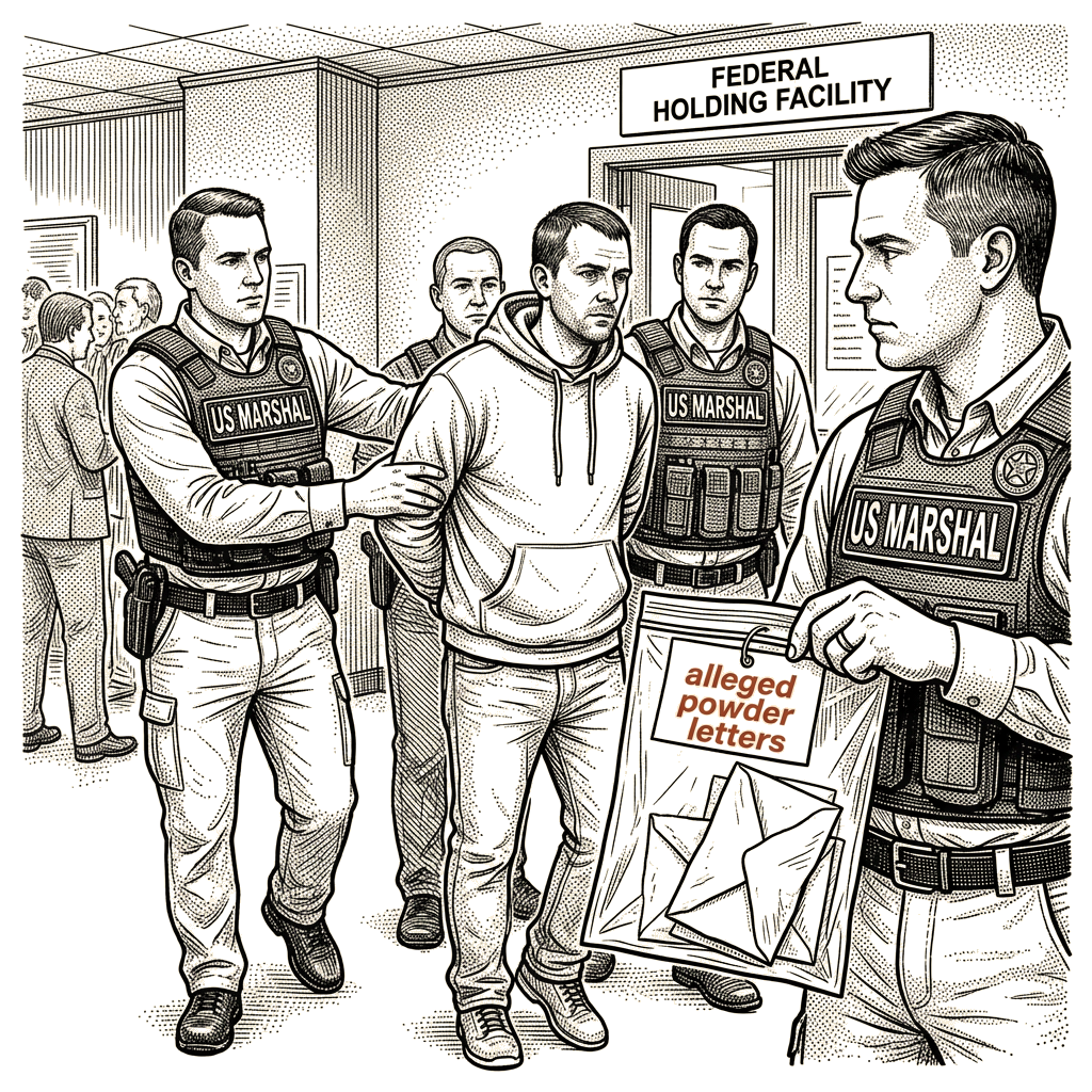 Illustration accompanying article: US marshals hold Unglesbee after arrest over alleged powder letters