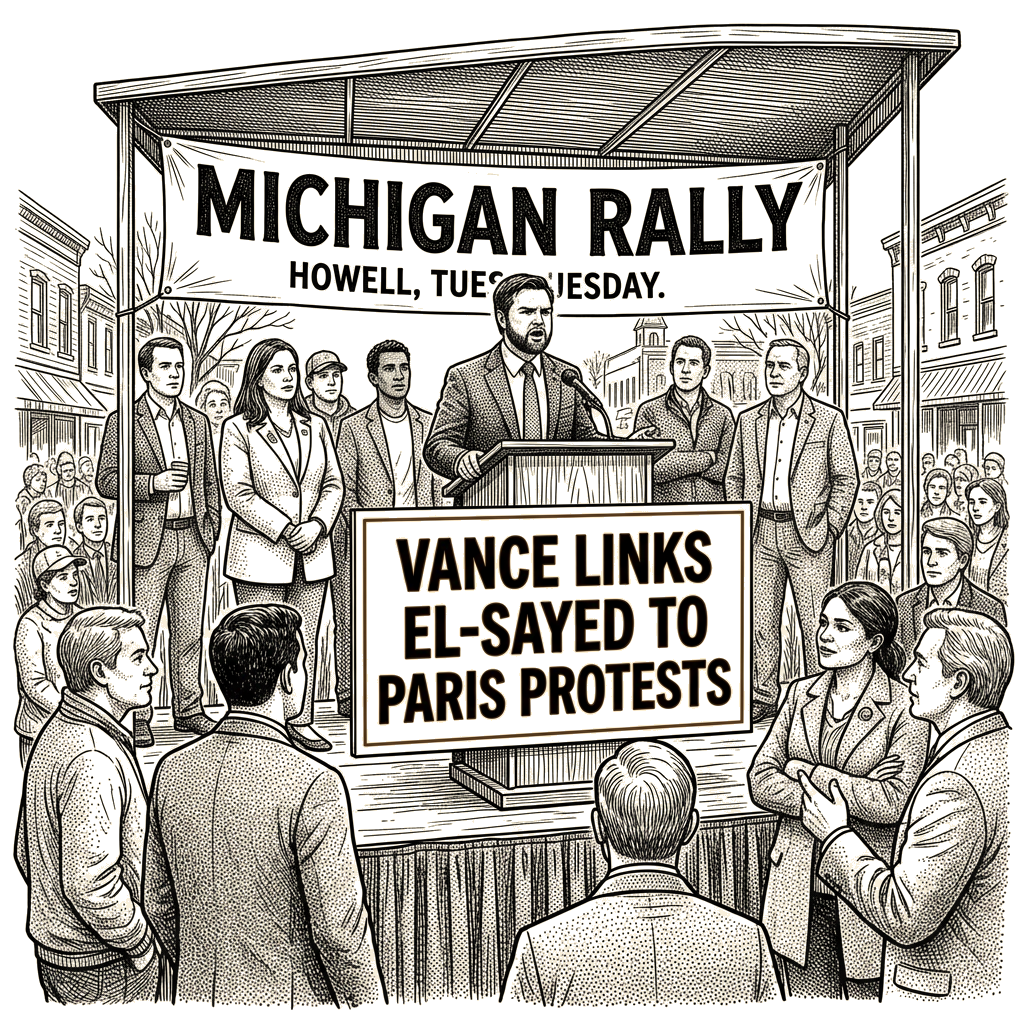 Illustration accompanying article: Vance links El-Sayed to Paris protests at Michigan rally