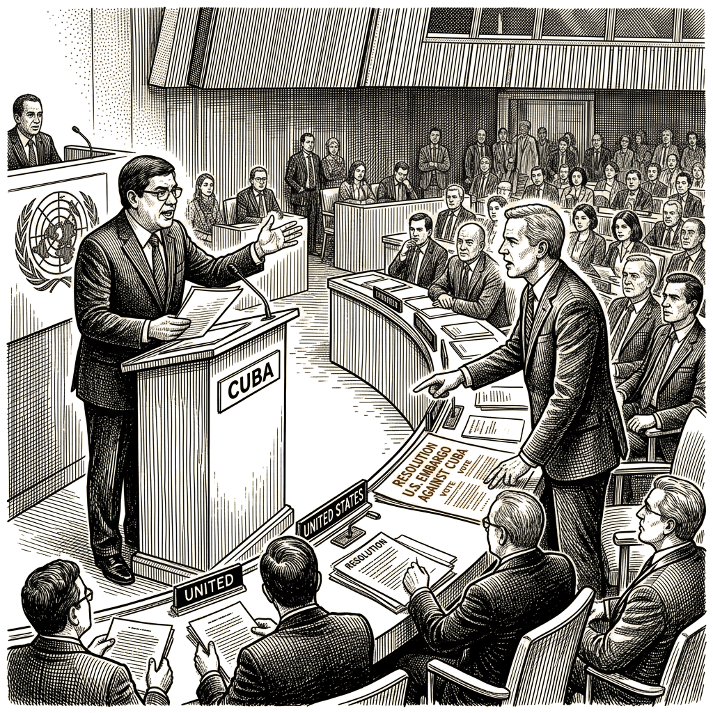Illustration accompanying article: Waltz and Rodríguez trade accusations over U.S. embargo against Cuba at U.N.