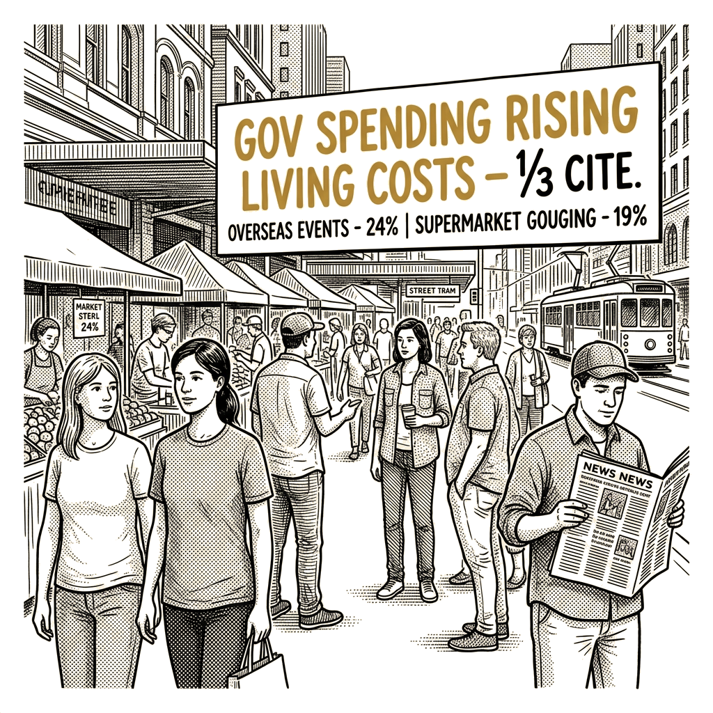 Illustration accompanying article: Essential poll finds more voters cite government spending than overseas events for…