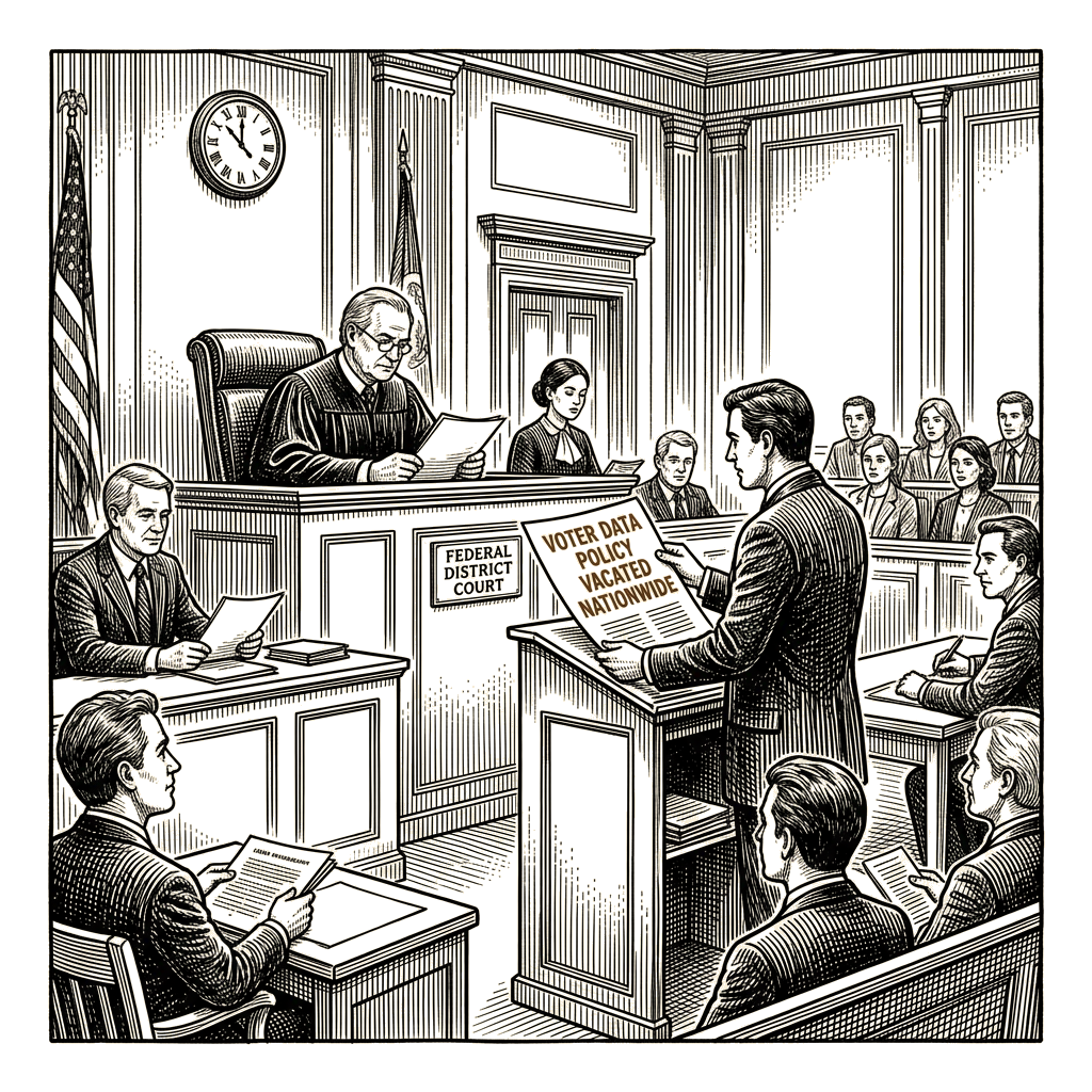 Illustration accompanying article: Federal court vacates Justice Department voter data policy nationwide