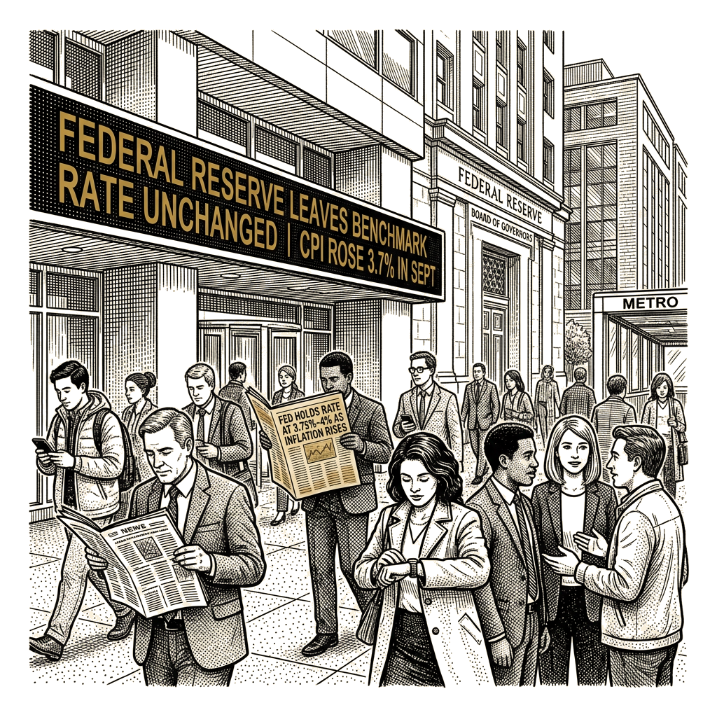 Illustration accompanying article: Federal Reserve leaves benchmark rate unchanged as inflation accelerates