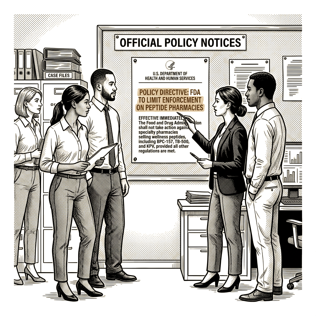 Illustration accompanying article: HHS policy directs FDA to limit enforcement on specialty peptide pharmacies